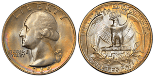 A copper quarter from 1965, both obverse and reverse sides are shown.