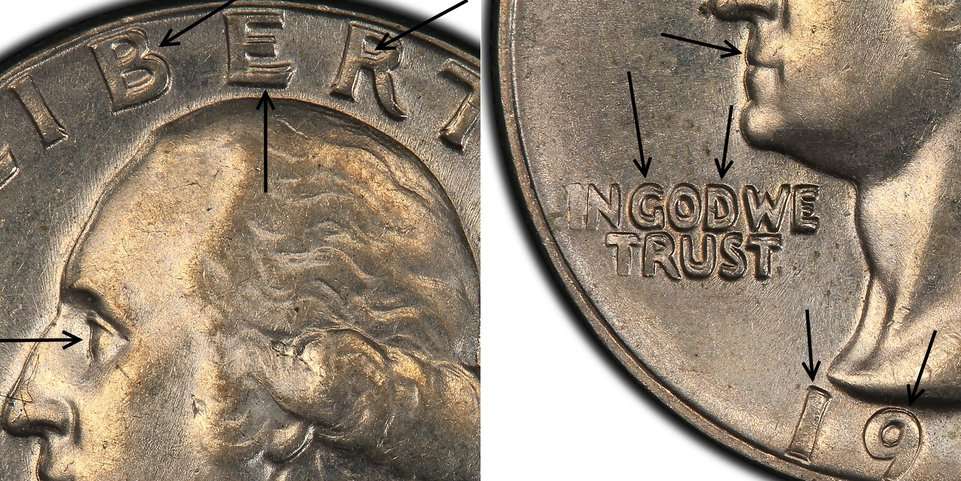 Signs of a double die obverse 1965 quarter clearly shown.